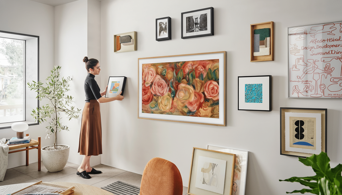 A woman in a modern living room hanging a framed piece of art on a gallery wall, with a large TV displaying a floral painting as a centerpiece.