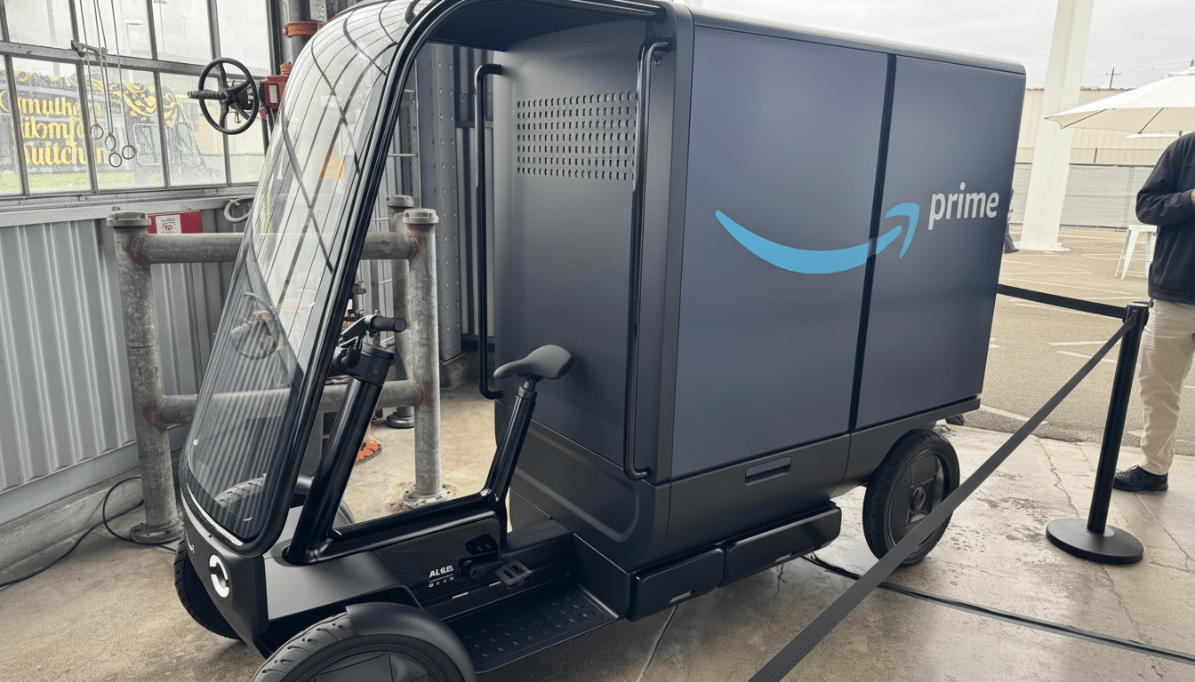 An Amazon Prime delivery vehicle, an electric tricycle with a large cargo box , is displayed indoors .