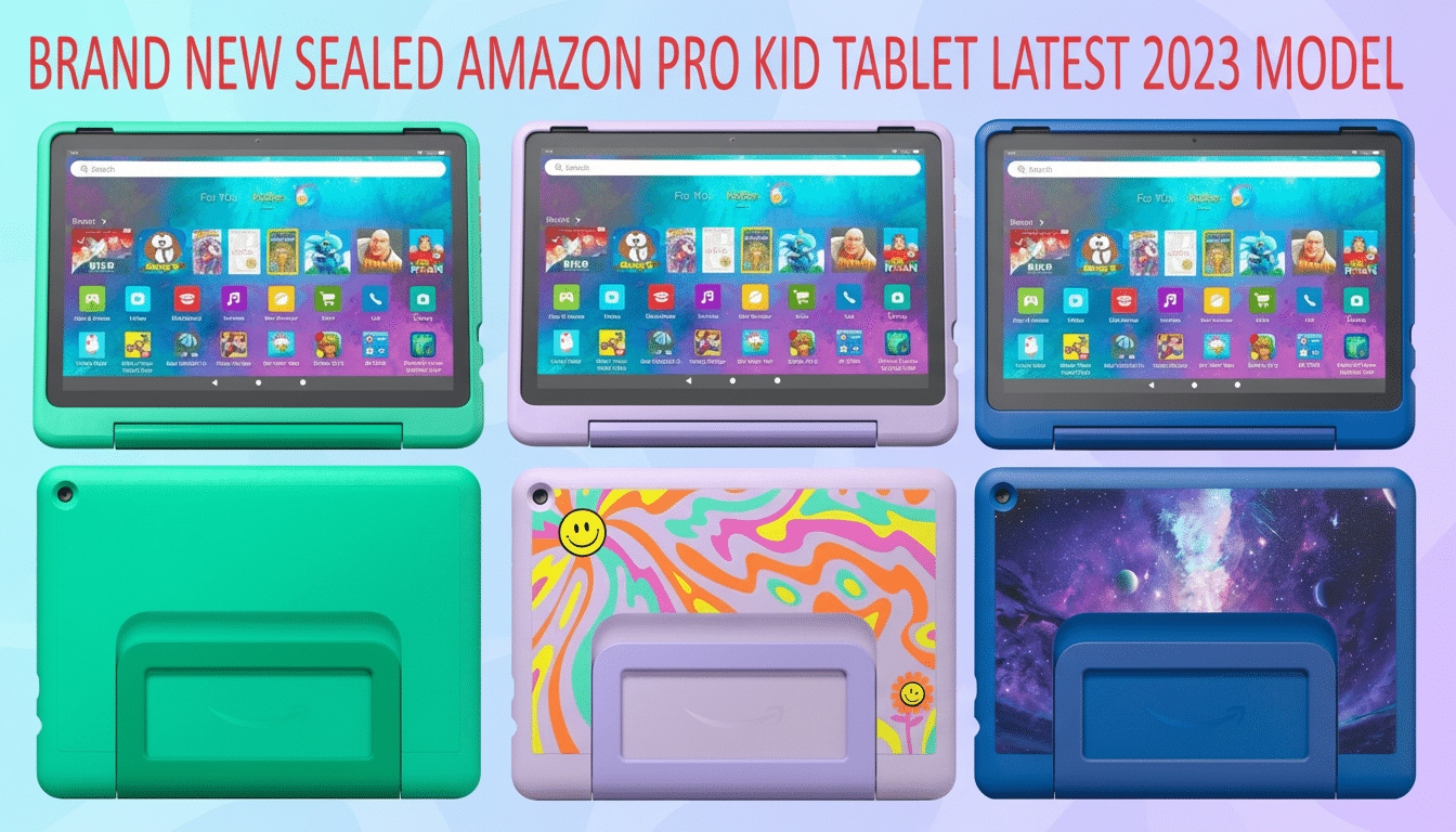 Three Amazon Fire Pro Kids tablets in green, purple, and blue, shown from front and back, displaying colorful home screens and protective cases.