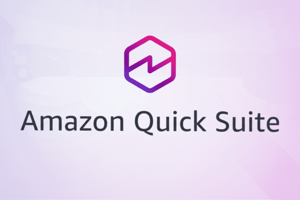 The Amazon Quick Suite logo featuring a hexagonal icon with a stylized ' N ' shape in purple and pink gradients , above the text Amazon Quick Suite in dark gray. The background is a subtle white to light purple gradient.