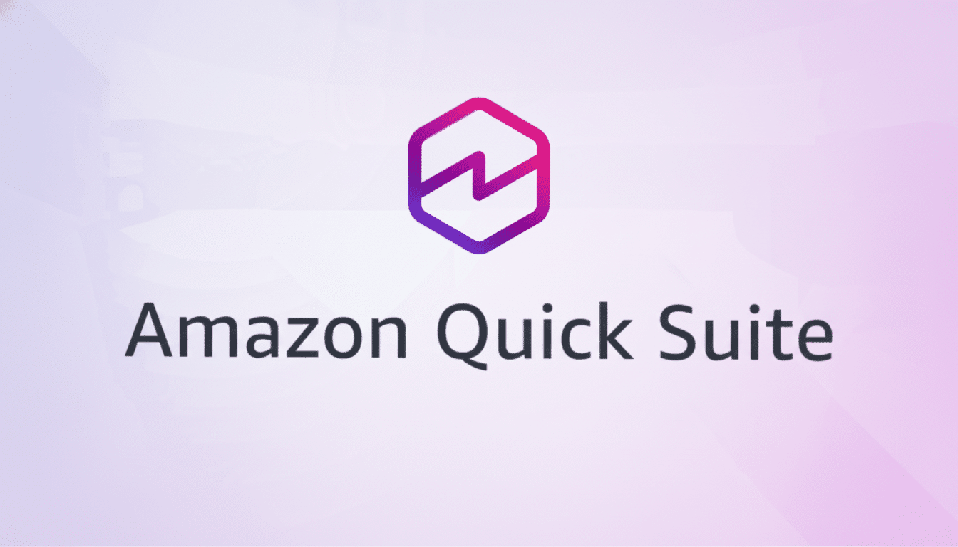 The Amazon Quick Suite logo featuring a hexagonal icon with a stylized ' N ' shape in purple and pink gradients , above the text Amazon Quick Suite in dark gray. The background is a subtle white to light purple gradient.