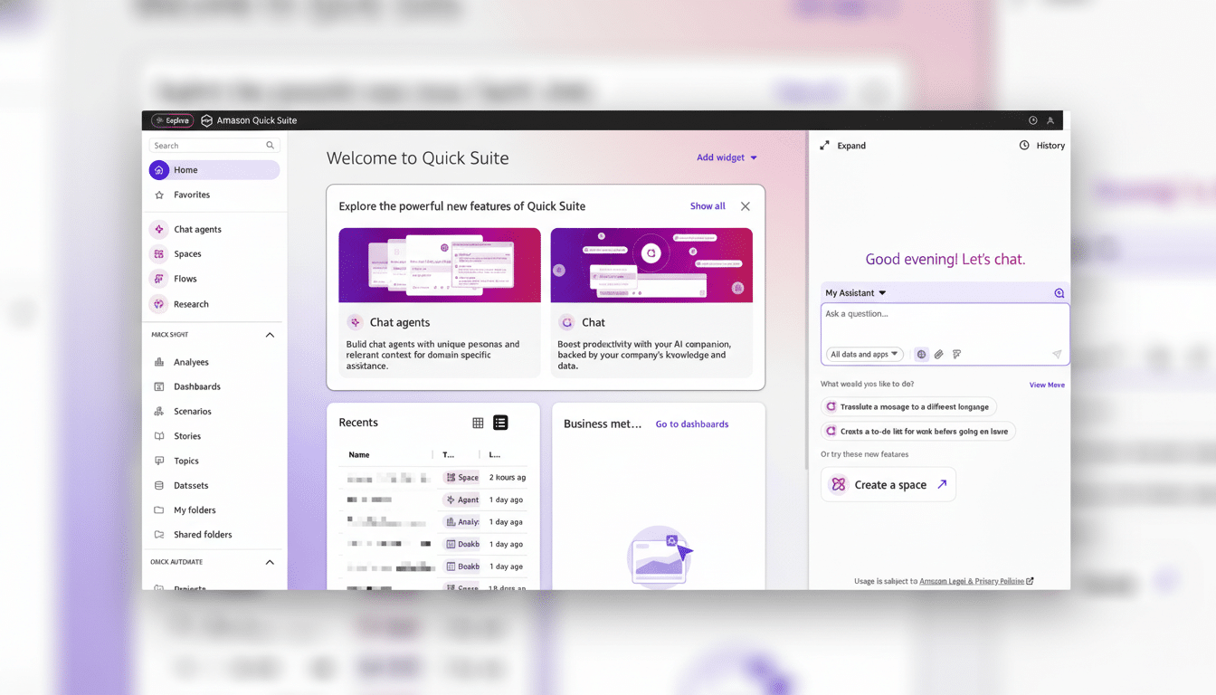 Screenshot of the Amazon Quick Suite user interface, displaying features like chat agents, recent activities, and a conversational AI assistant on a desktop .