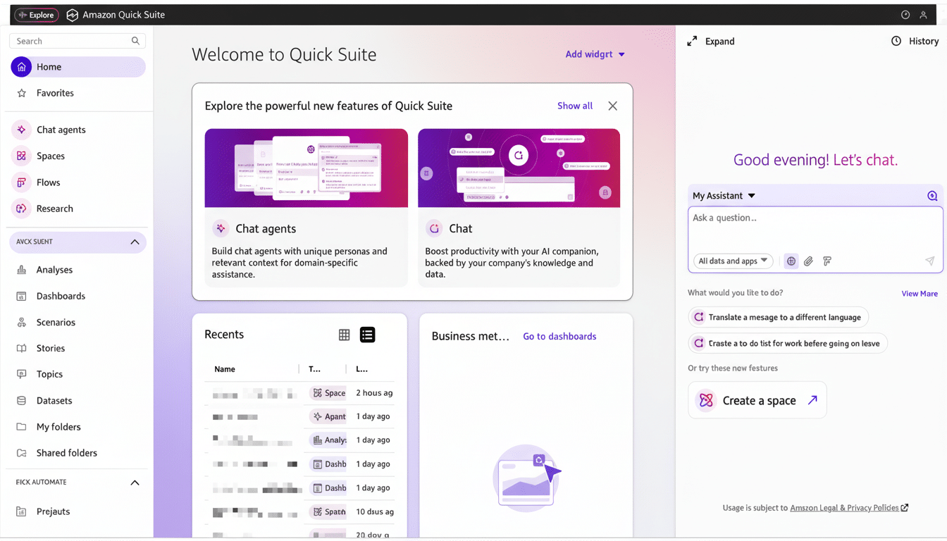 Screenshot of the Amazon Quick Suite dashboard , featuring Welcome to Quick Suite , Explore the powerful new features, Rec ents, and My Assistant sections.