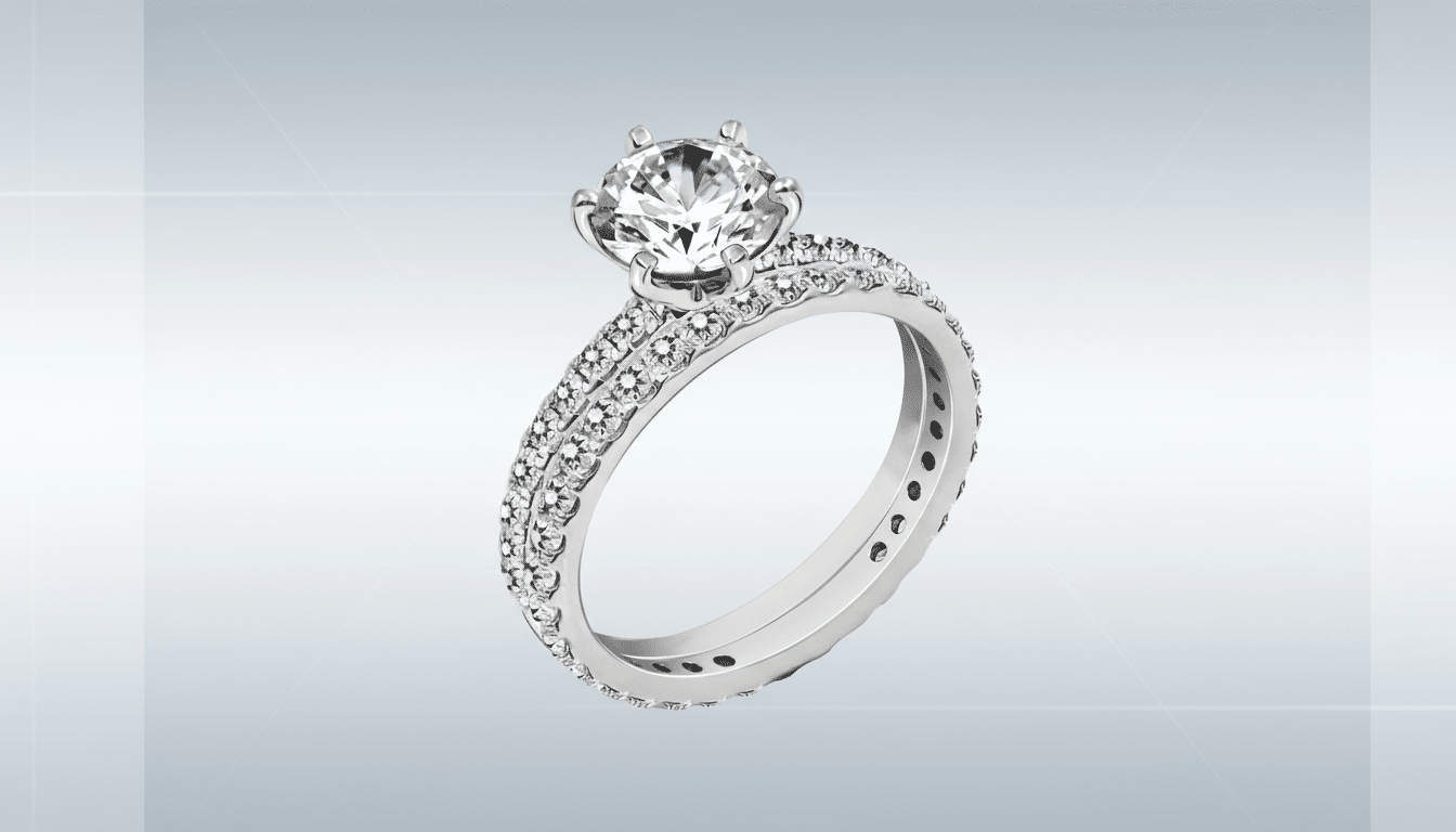 ** A close-up view of a silver diamond engagement ring set against a clean , professional light gray background with subtle horizontal gradient patterns . **Filename :** diamondengagement ring professional. png