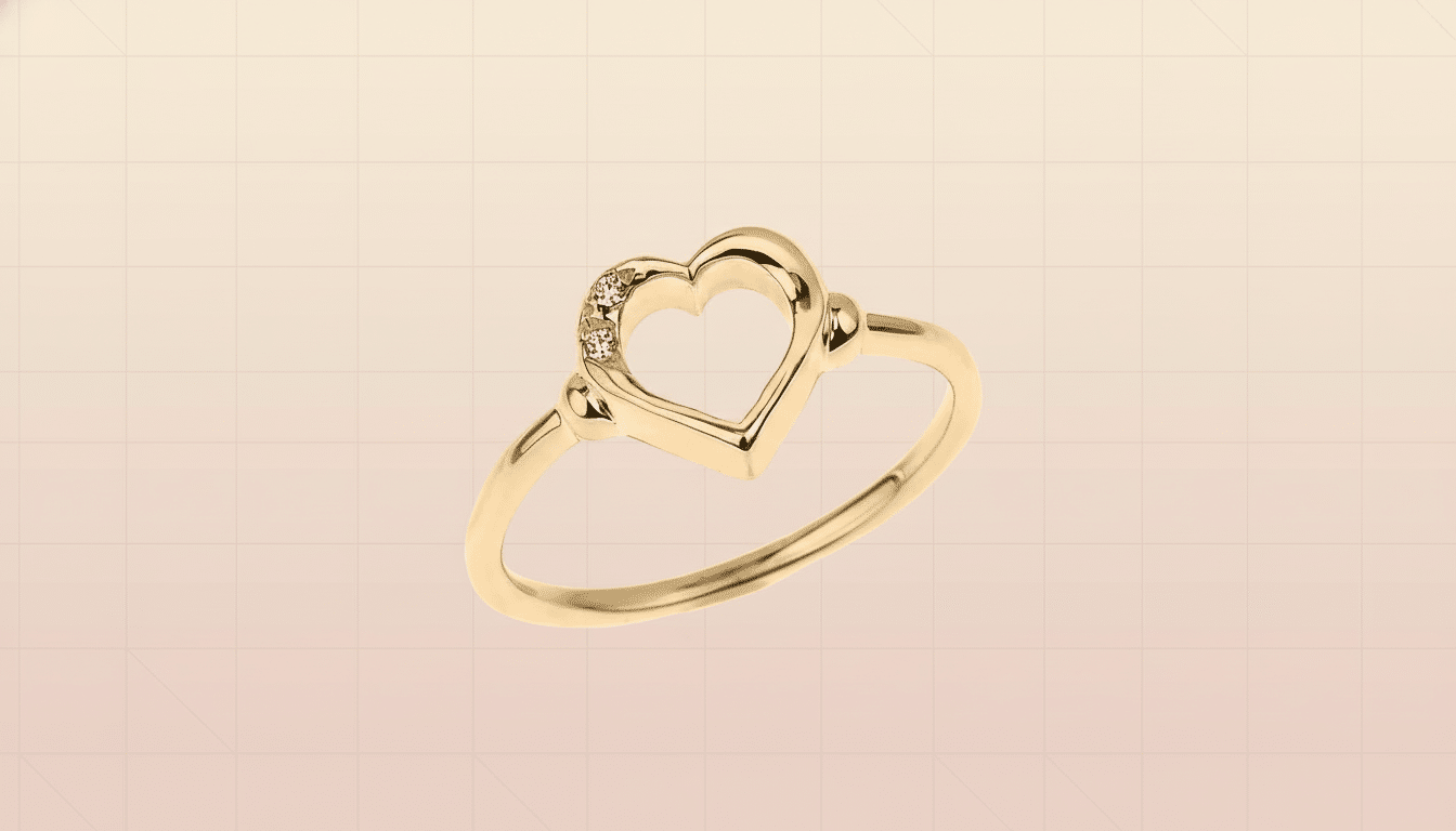A professional , enhanced image of a gold heart -shaped ring with two small diamonds, set against a soft, light pink background with subtle geometric patterns, resized to a 1 6:9 aspect ratio. Filename : goldheart ringprofessional 16 9. png