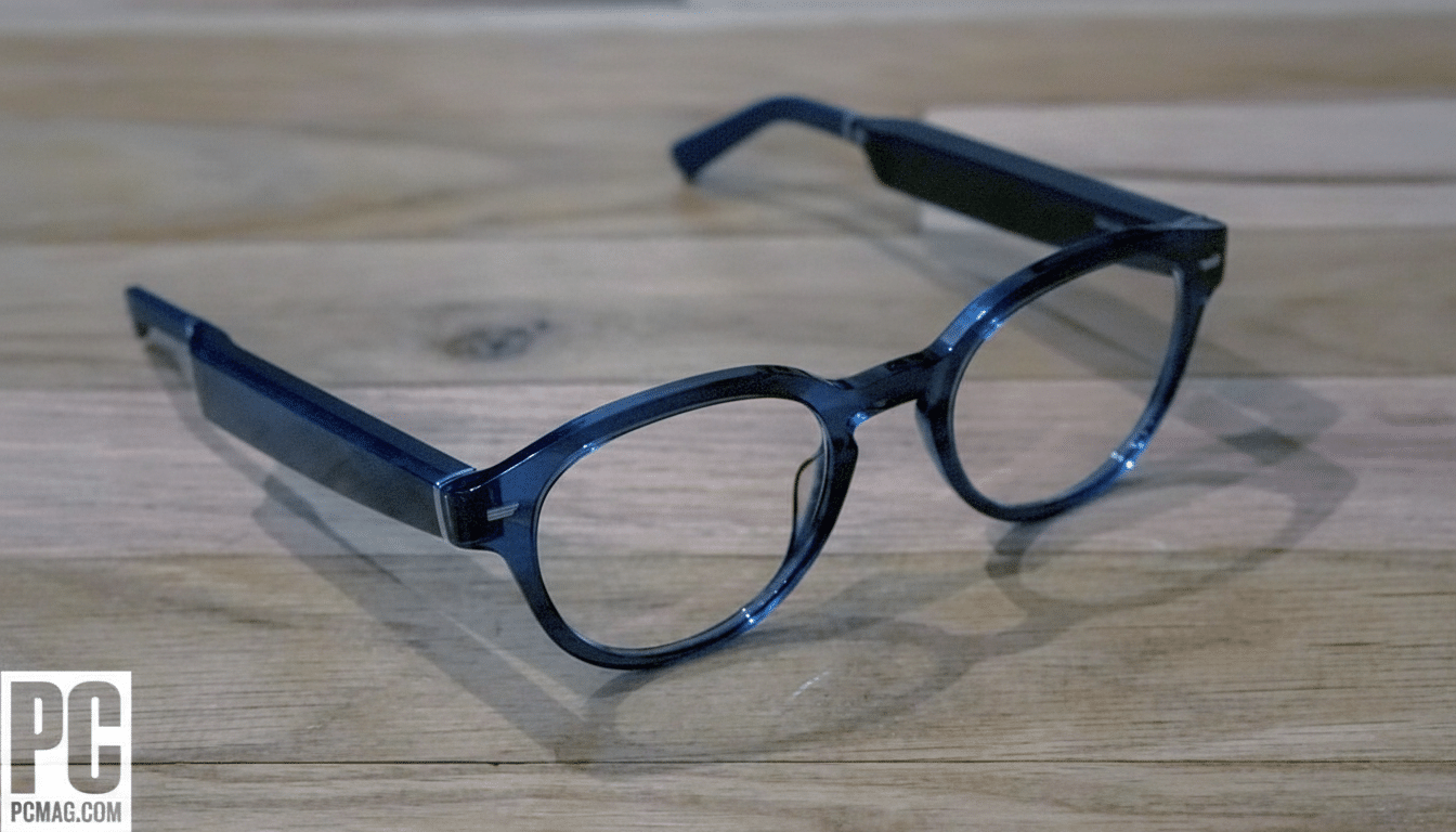 Blue smart glasses on a wooden surface, with a 16: 9 aspect ratio and enhanced professional presentation.