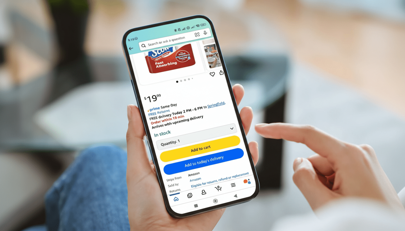 A person holding a smartphone displaying an Amazon product page for Scott paper towels, with details about price , shipping, and quantity. Filename : amazon shopping scott papertow els.png