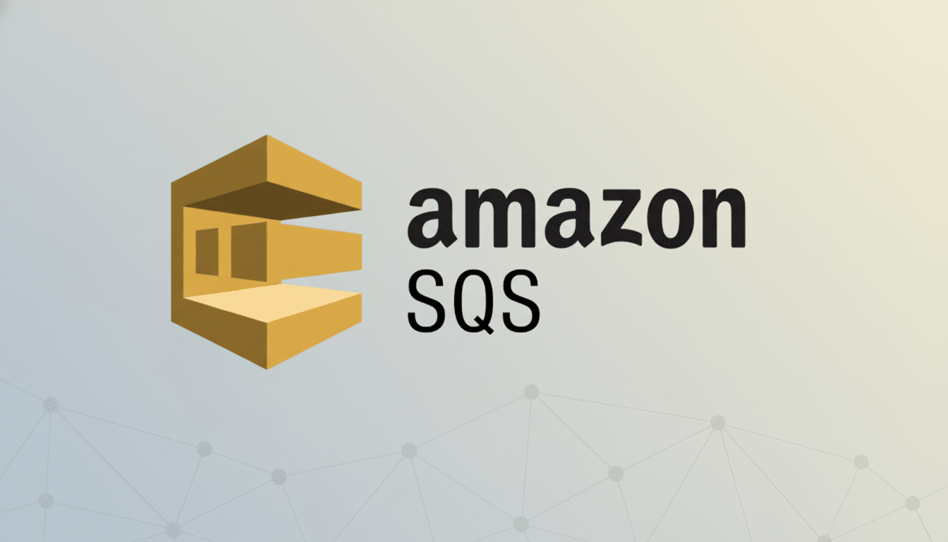 The Amazon SQS logo, featuring a three- dimensional golden cube with an 'E' shape cut into it, next to the text  amazon SQS in black, on a professional soft grey gradient background with subtle geometric patterns. Filename : amazonsq slogo professionalbackground .png