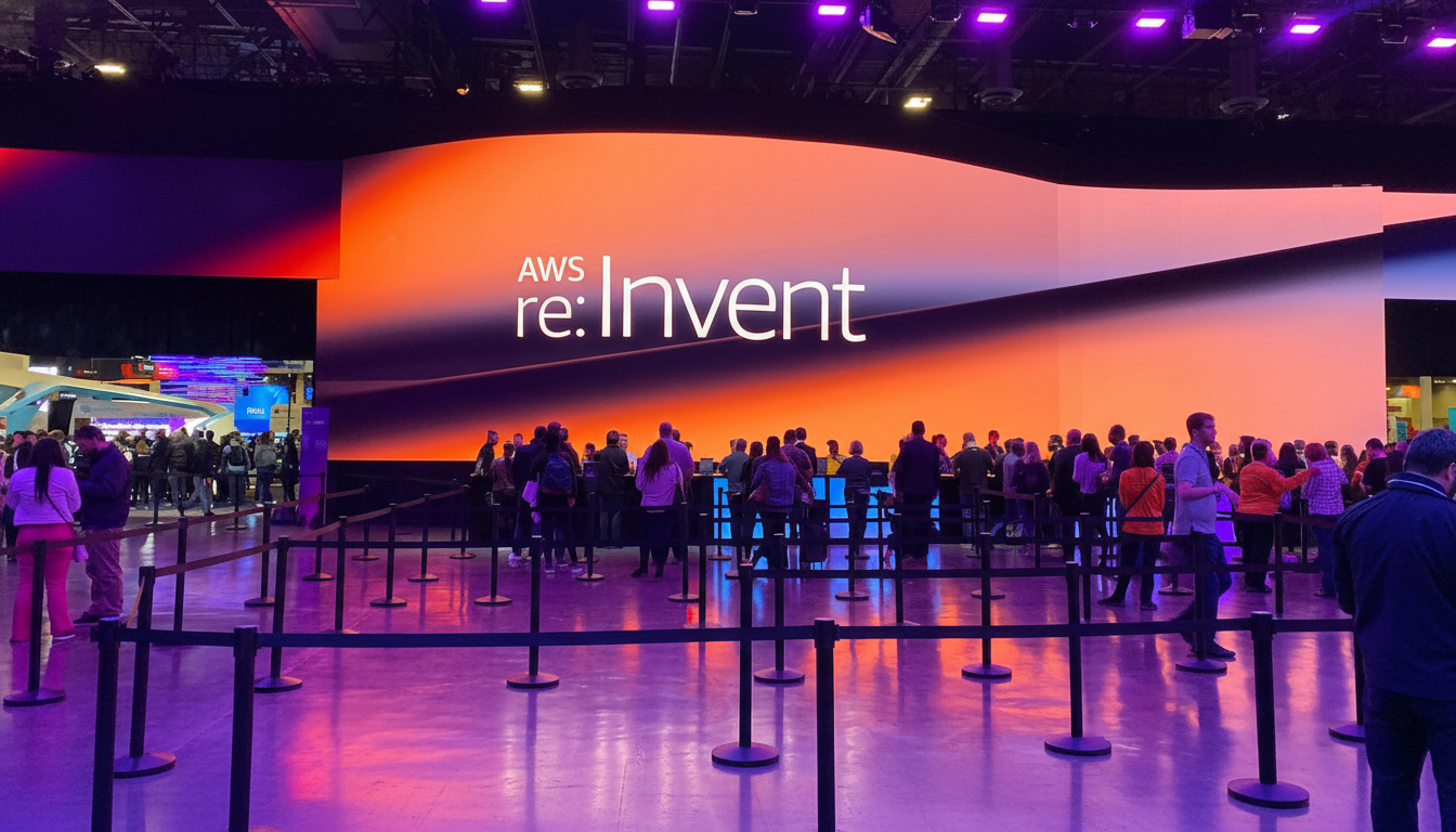 A wide shot of the AWS re:Invent event, showing a large screen displaying the event logo in orange and white, with a crowd of attendees gathered in front of it.