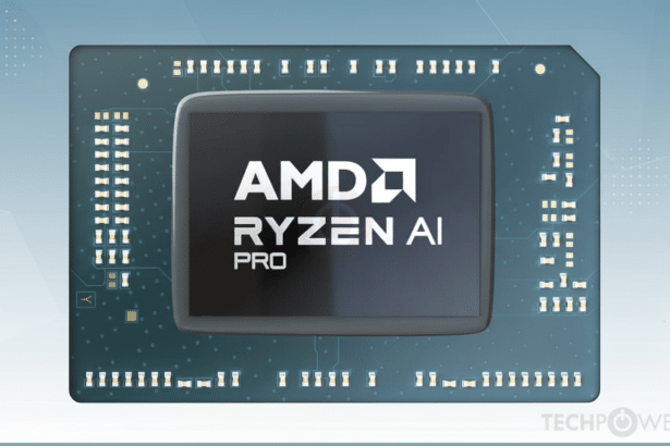 An AMD Ryzen AI Pro chip on a circuit board , presented on a subtle gradient background with a dotted pattern, resized to a 1 6:9 aspect ratio. Filename : amdry zenai prochip 169 .png
