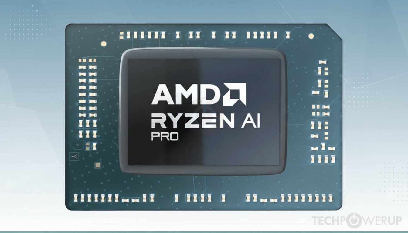 An AMD Ryzen AI Pro chip on a circuit board , presented on a subtle gradient background with a dotted pattern, resized to a 1 6:9 aspect ratio. Filename : amdry zenai prochip 169 .png