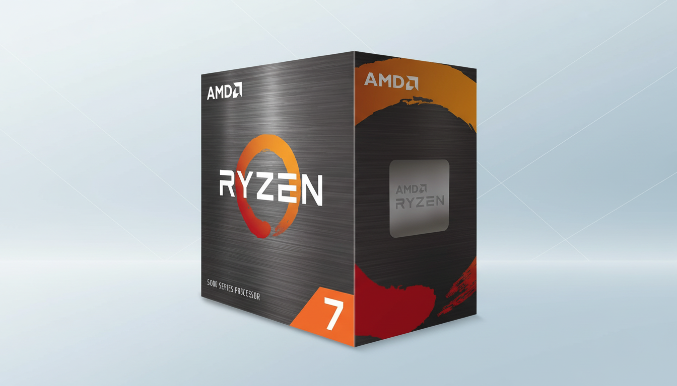 A professional 16:9 aspect ratio image of an AMD Ryzen 7 5000 series processor box, set against a clean, light gray background with subtle diagonal patterns.