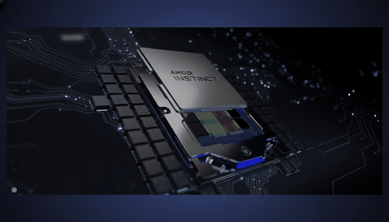 An AMD Instinct GPU on a circuit board, professionally resized to a 16: 9 aspect ratio, with its original dark, tech -oriented background preserved. T