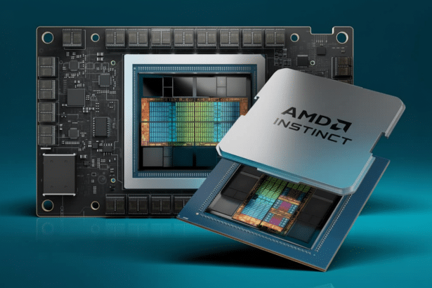 An AMD Instinct GPU with its casing partially removed , showcasing the internal chip architecture with colorful sections , positioned in front of another circuit board.