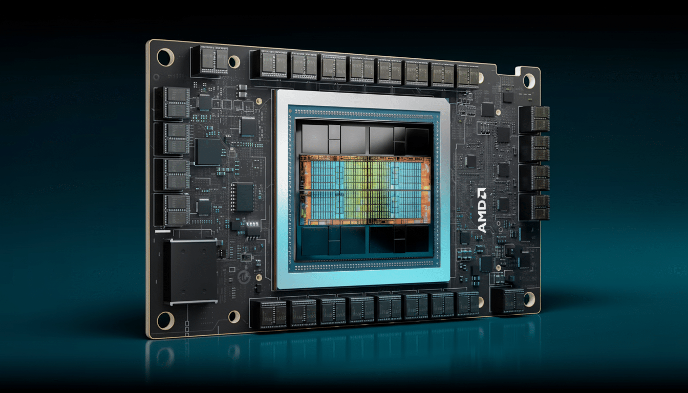 An AMD Instinct MI 3 00X O AM accelerator card with an exposed chiplet design in a 16:9 aspect ratio, set against a dark teal background.