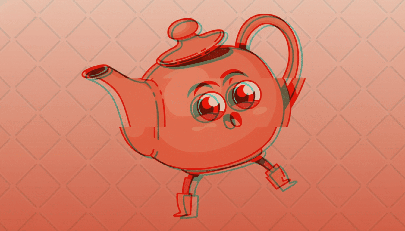 An an aglyph 3D style cartoon teapot with big eyes and small legs, standing on a new peach - colored background with a subtle diamond pattern.