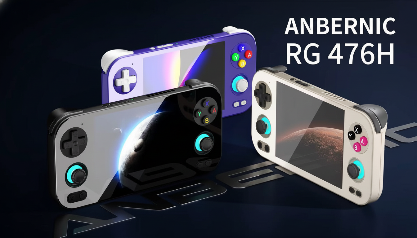 Three AN BERNIC RG 476H handheld gaming consoles, in purple, black, and white , displayed with a professional dark background and the product name.