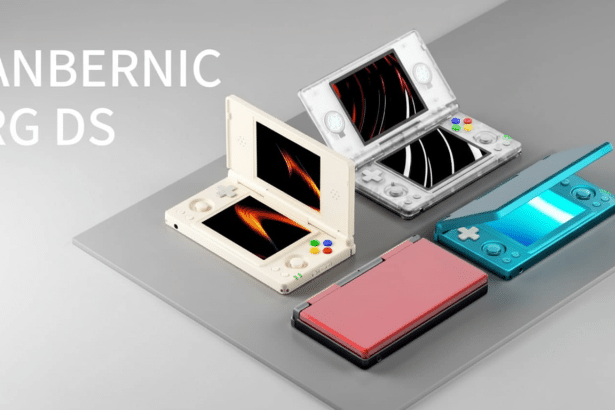 A professional display of four Anber nic RG DS handheld gaming consoles in different colors ( cream , transparent , pink, and teal) on a grey and white background .