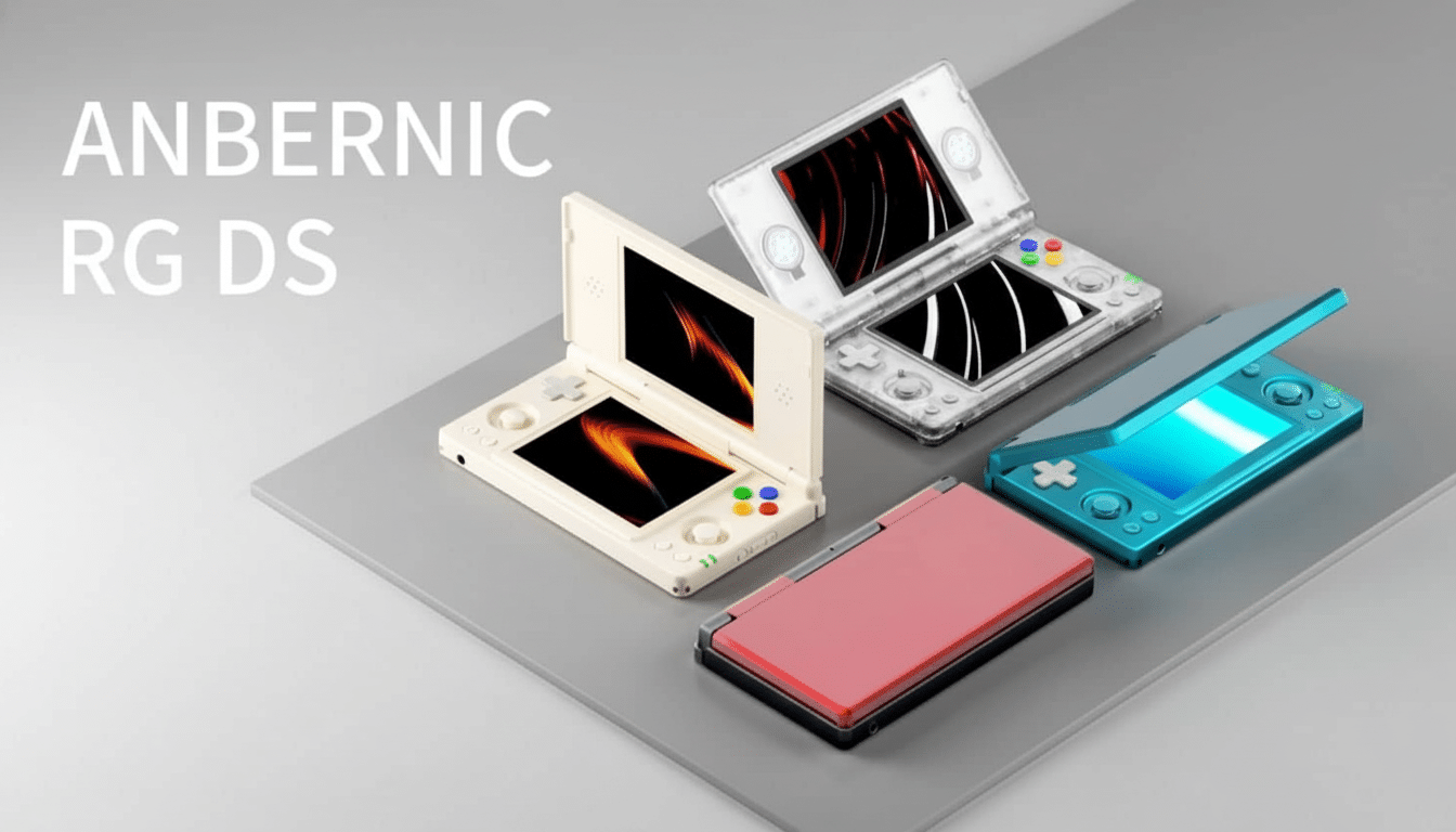 A professional display of four Anber nic RG DS handheld gaming consoles in different colors ( cream , transparent , pink, and teal) on a grey and white background .