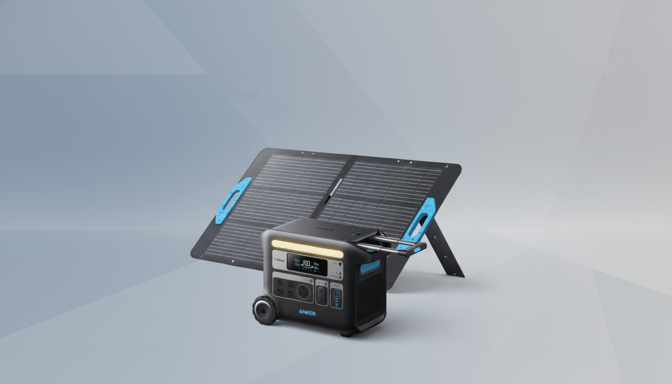 A professional shot of an Anker portable power station and a solar panel on a gradient background, resized to a 16: 9 aspect ratio.