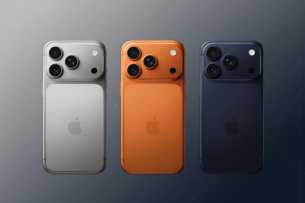 Three smartphones, silver, orange, and blue, are displayed on a professional dark blue and grey gradient background.
