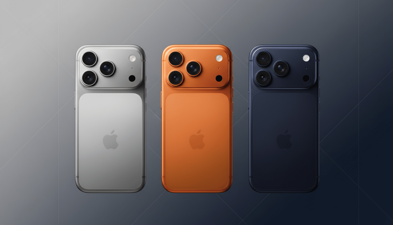 Three smartphones, silver, orange, and blue, are displayed on a professional dark blue and grey gradient background.