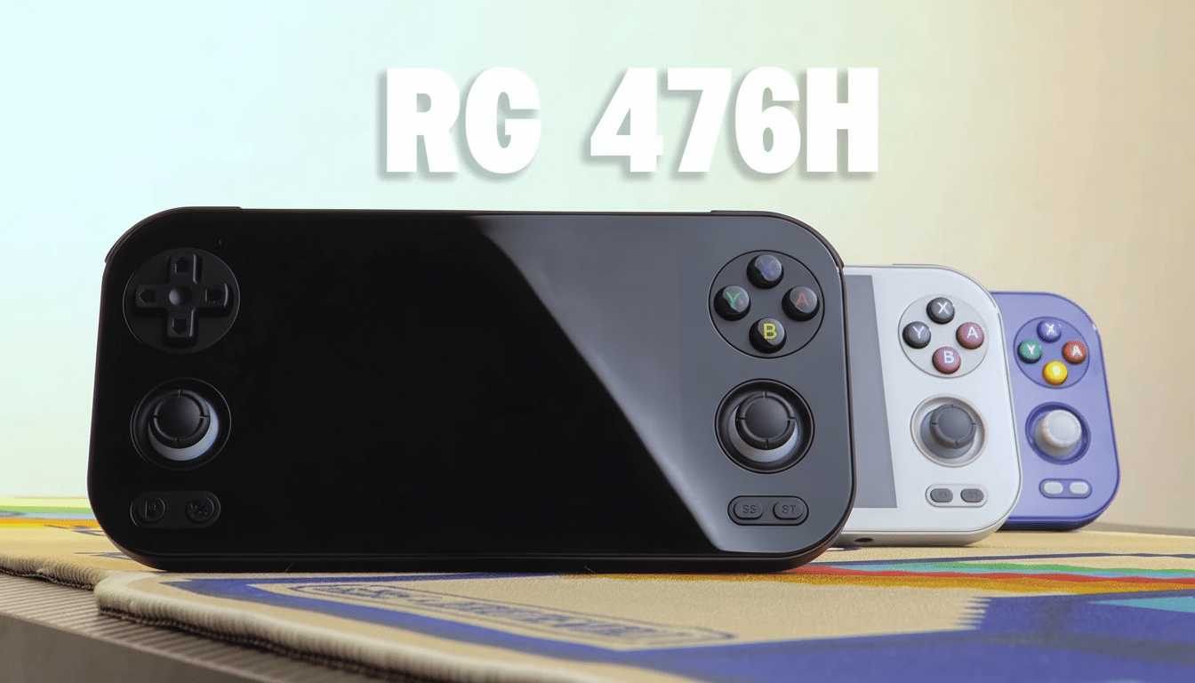 Three handheld gaming consoles, black , white, and purple, arranged in a row with the text RG 4 76H floating above them.