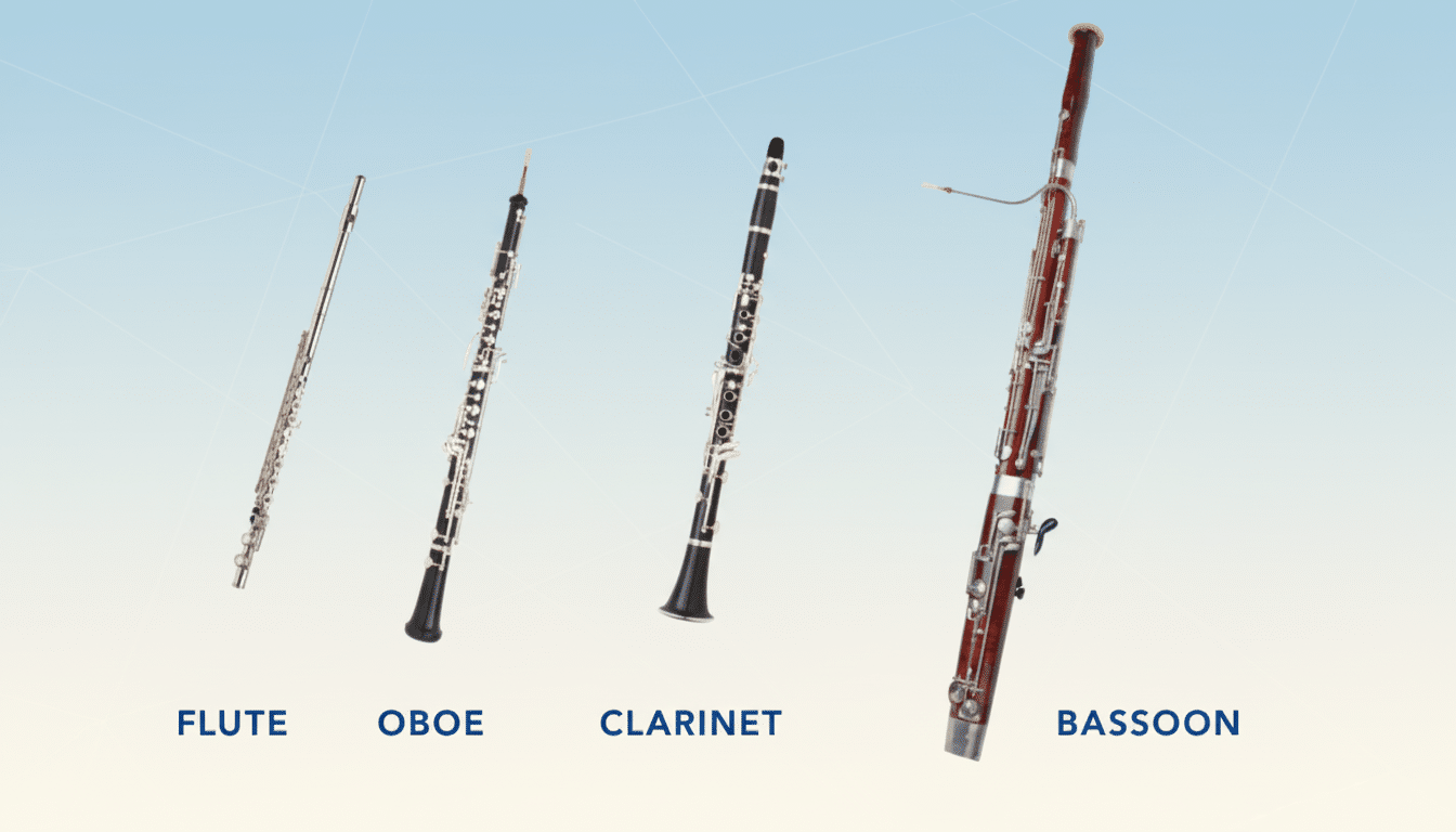 Four woodwind instruments ( flute, ob oe, clarinet, bassoon) are arranged horizontally on a professional blue gradient background with soft geometric