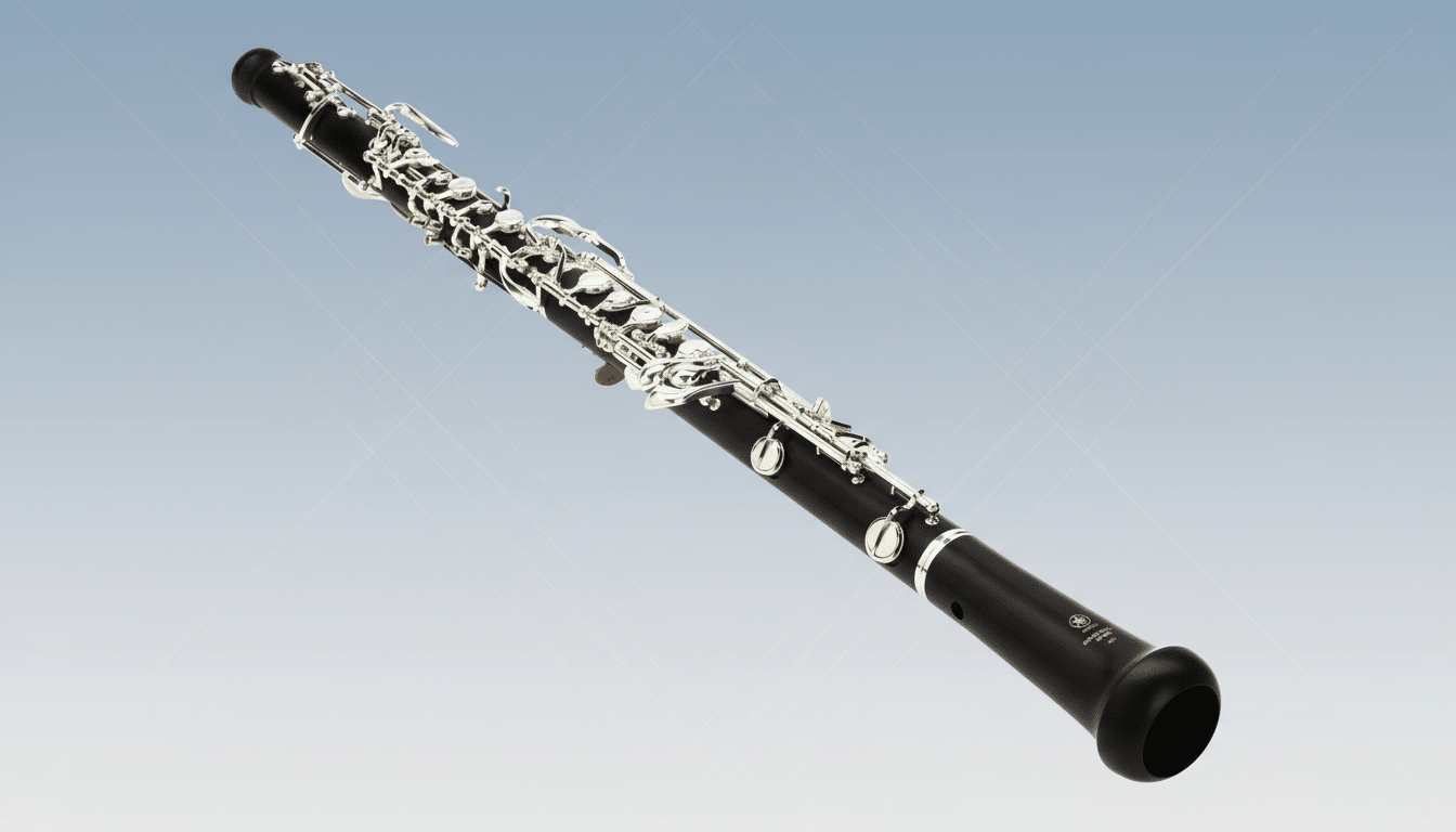 A professional, enhanced image of a black ob oe with silver keys, presented on a subtle gradient background, resized to a 16: 9 aspect ratio.