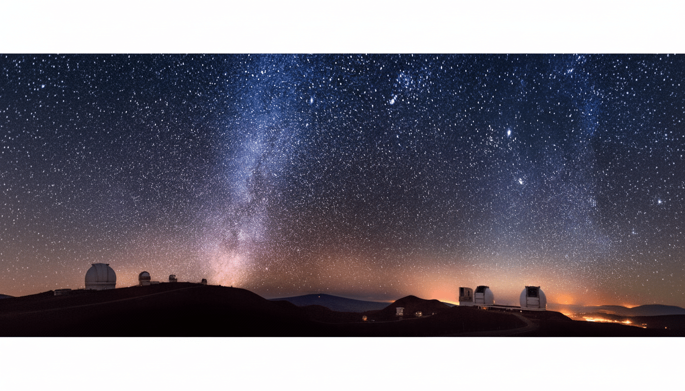 A professional image of telescopes on a hilltop under a vast, star-filled night sky, with a visible Milky Way stretching across the frame .