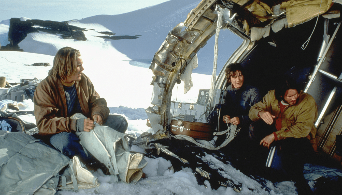 Three individuals , two men and one woman, sit amidst the wreckage of a plane in a snowy , mountainous landscape. One man on the left looks towards the other two, who are seated closer to the plane 's remains .