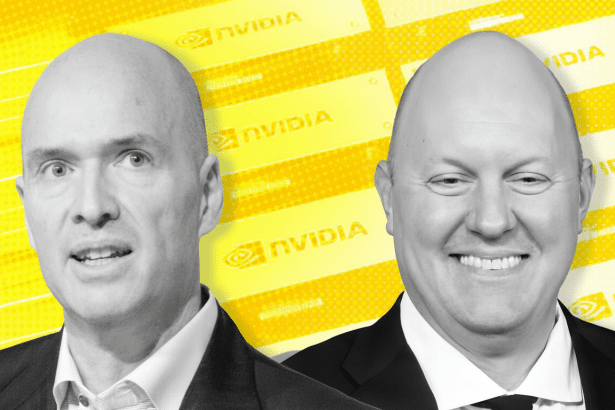 A 16:9 aspect ratio image featuring two bald men, one on the left with a more serious expression and one on the right smiling , set against a yellow background with repeated NVIDIA logos .