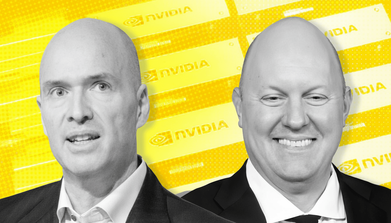 A 16:9 aspect ratio image featuring two bald men, one on the left with a more serious expression and one on the right smiling , set against a yellow background with repeated NVIDIA logos .