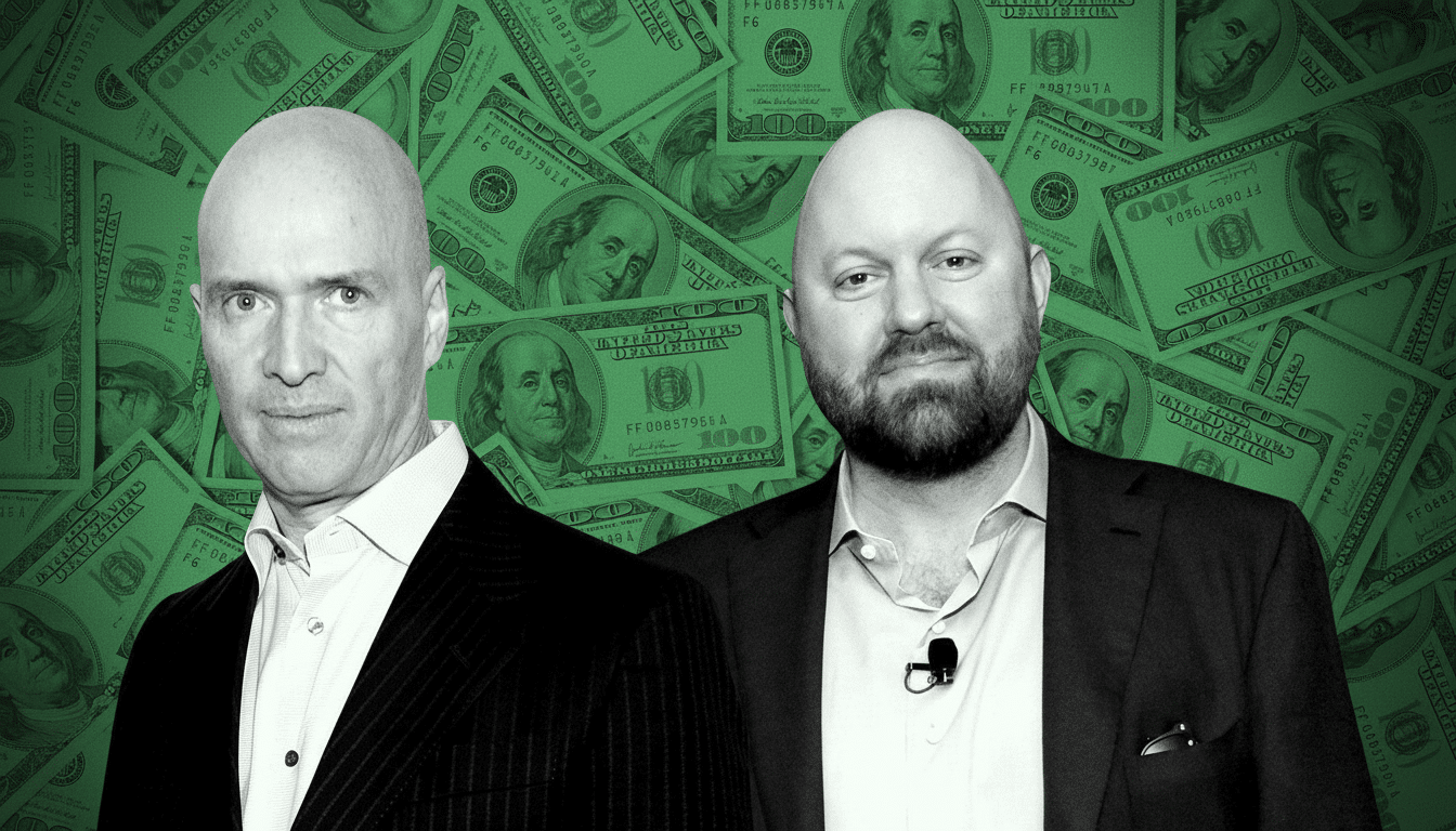 Two bald men, one in a p instripe suit and the other bearded with a microphone, against a green background of one - hundred dollar bills.