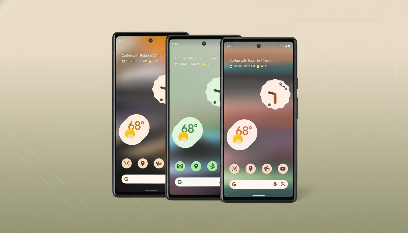Three Google Pixel phones are displayed side-by-side, each showing a different color theme for the Android interface. The phones are set against a professional flat design background with a soft gradient.
