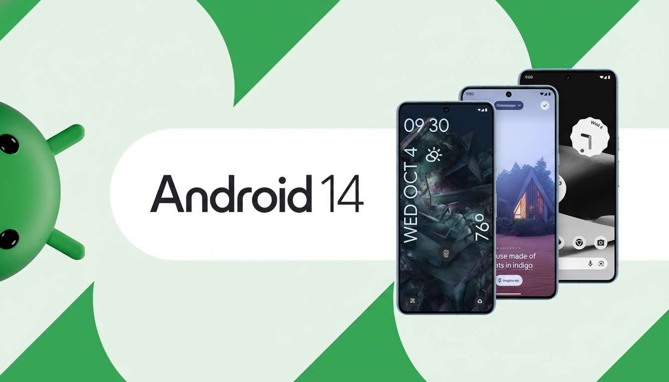 A promotional image for Android 14, featuring the Android robot logo on the left and three smartphones displaying different interfaces on the right, all set against a green and white geometric background.