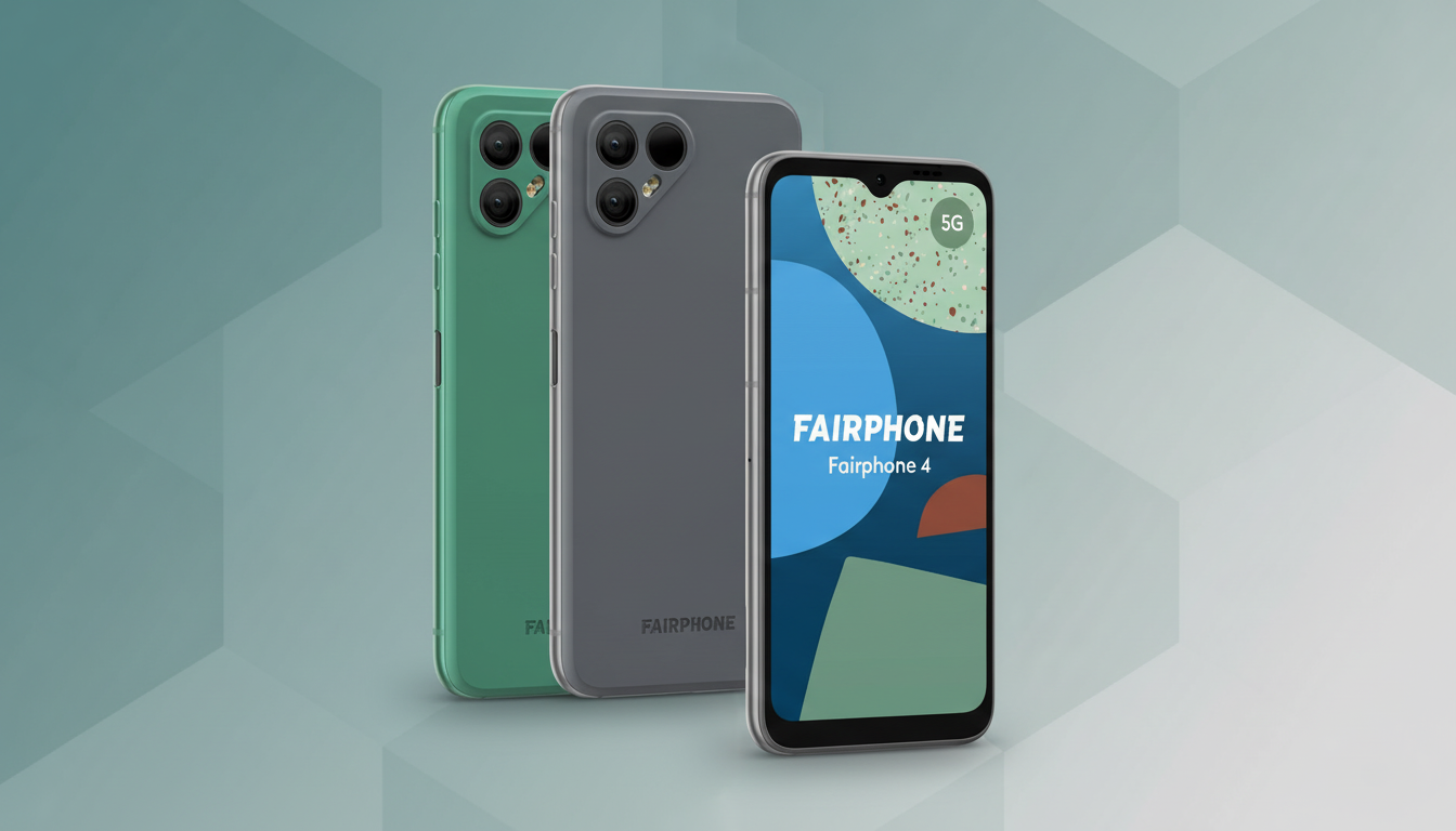 Three Fairphone 4 smartphones are displayed on a professional flat design background with soft patterns and gradients. One phone is green, another is gray, and the third, in the foreground, is silver with its screen showing the Fairphone logo and Fairphone 4.