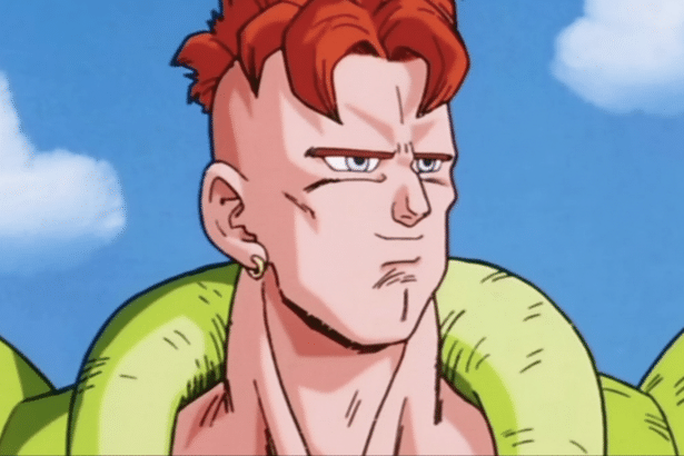 An enhanced , 16: 9 aspect ratio image of Android 1 6 from Dragon Ball Z, featuring his red hair and green armor against a blue sky with white clouds .