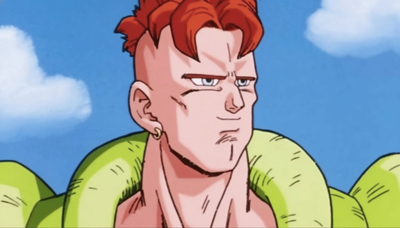 An enhanced , 16: 9 aspect ratio image of Android 1 6 from Dragon Ball Z, featuring his red hair and green armor against a blue sky with white clouds .