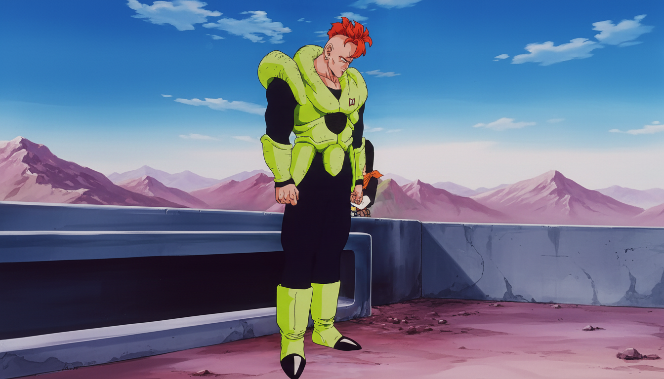 A full-body anime character with red hair and green and black armor stands on a platform with mountains in the background, resized to a 16:9 aspect ratio.