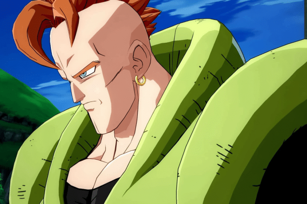 An enhanced, 16: 9 aspect ratio image of Android 1 6 from Dragon Ball Z, featuring his distinctive red hair, bald head, and green jacket, set against