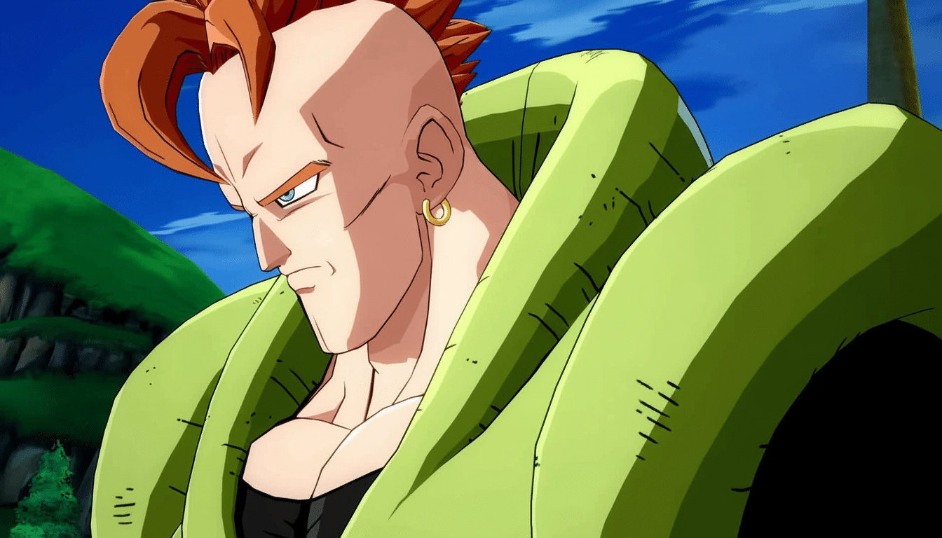 An enhanced, 16: 9 aspect ratio image of Android 1 6 from Dragon Ball Z, featuring his distinctive red hair, bald head, and green jacket, set against