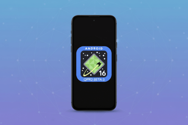 Android 16 Q PR2 Beta 3 logo displayed on a smartphone screen, with a clean gradient and soft pattern background.
