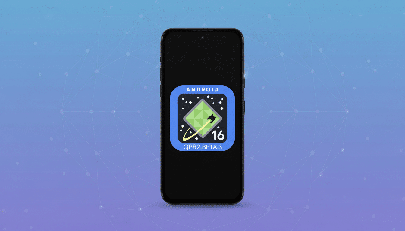Android 16 Q PR2 Beta 3 logo displayed on a smartphone screen, with a clean gradient and soft pattern background.