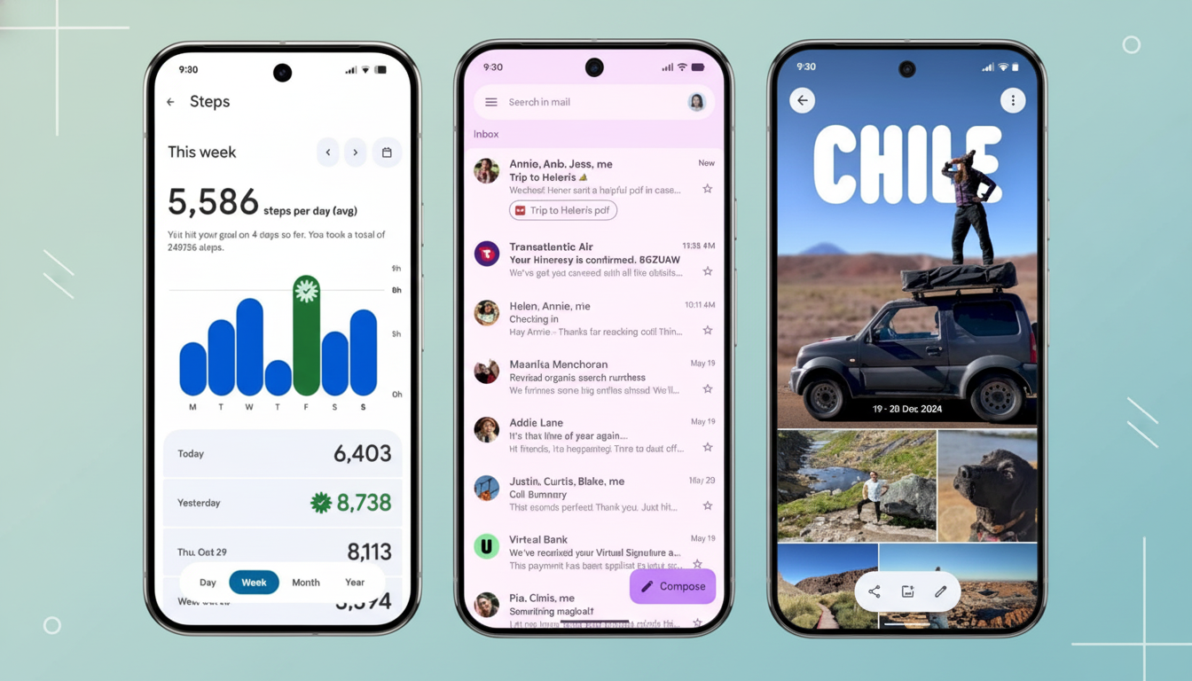 Three smartphones displaying different Google app interfaces. The left phone shows a Google Fit steps tracker, the middle phone shows a Gmail inbox, and the right phone shows a Google Photos travel album for Chile.
