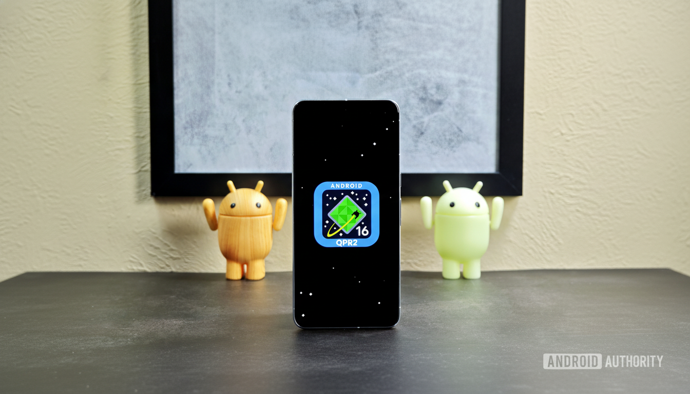 A smartphone displaying the Android 16 QPR 2 logo, flanked by two Android figurines , on a desk in front of a framed picture .