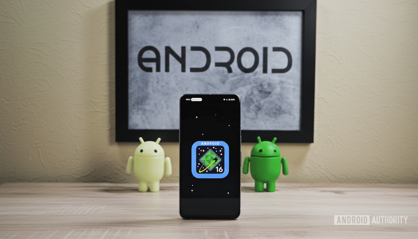 A smartphone displaying the Android 1 6 logo, flanked by two Android figurines , with an Android framed picture in the background.