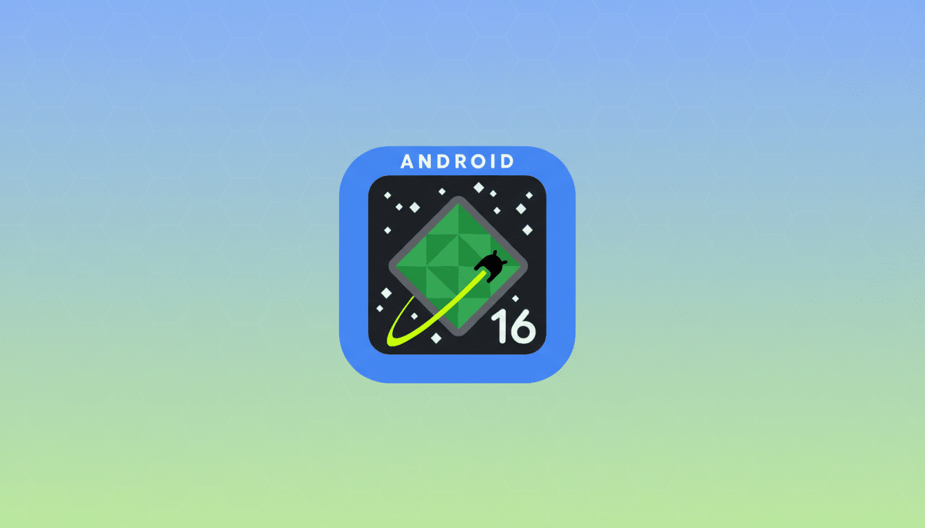 The Android 16 logo , featuring a dark square with a green diamond, a stylized black spaceship with a yellow trail , and white dots representing stars. The number 16 is in white , and ANDROID is at the top. The logo is enclosed in a blue rounded square and set against a light blue and green gradient background with a subtle hexagonal pattern.