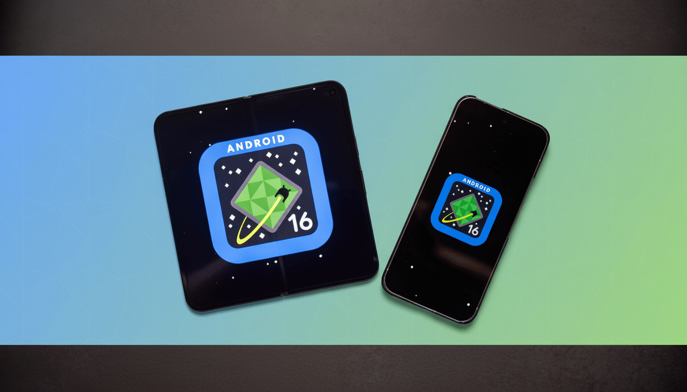 Two smartphones displaying an Android 1 6 logo on their screens, set against a background with a gradient from blue to green and dark gray sections at the top and bottom. Filename : android1 6phones professional . png