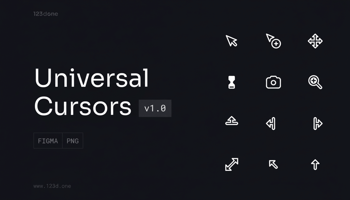 A dark - themed image displaying Universal Cursors v1.0 in large white text, with FIG MA and PNG tags below it. To the right, there are twelve white o